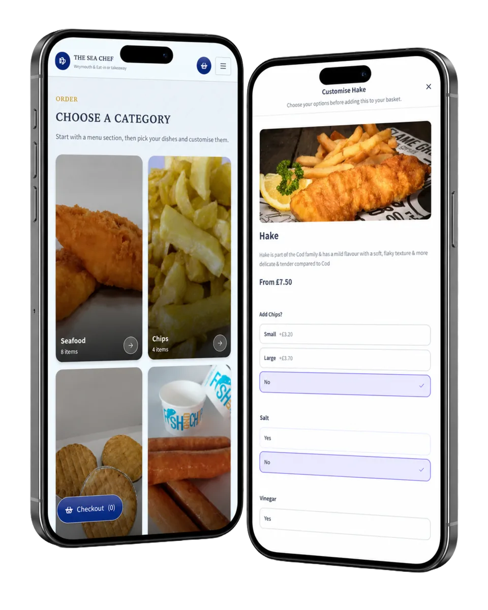 Sea Chef mobile ordering journey on two phones